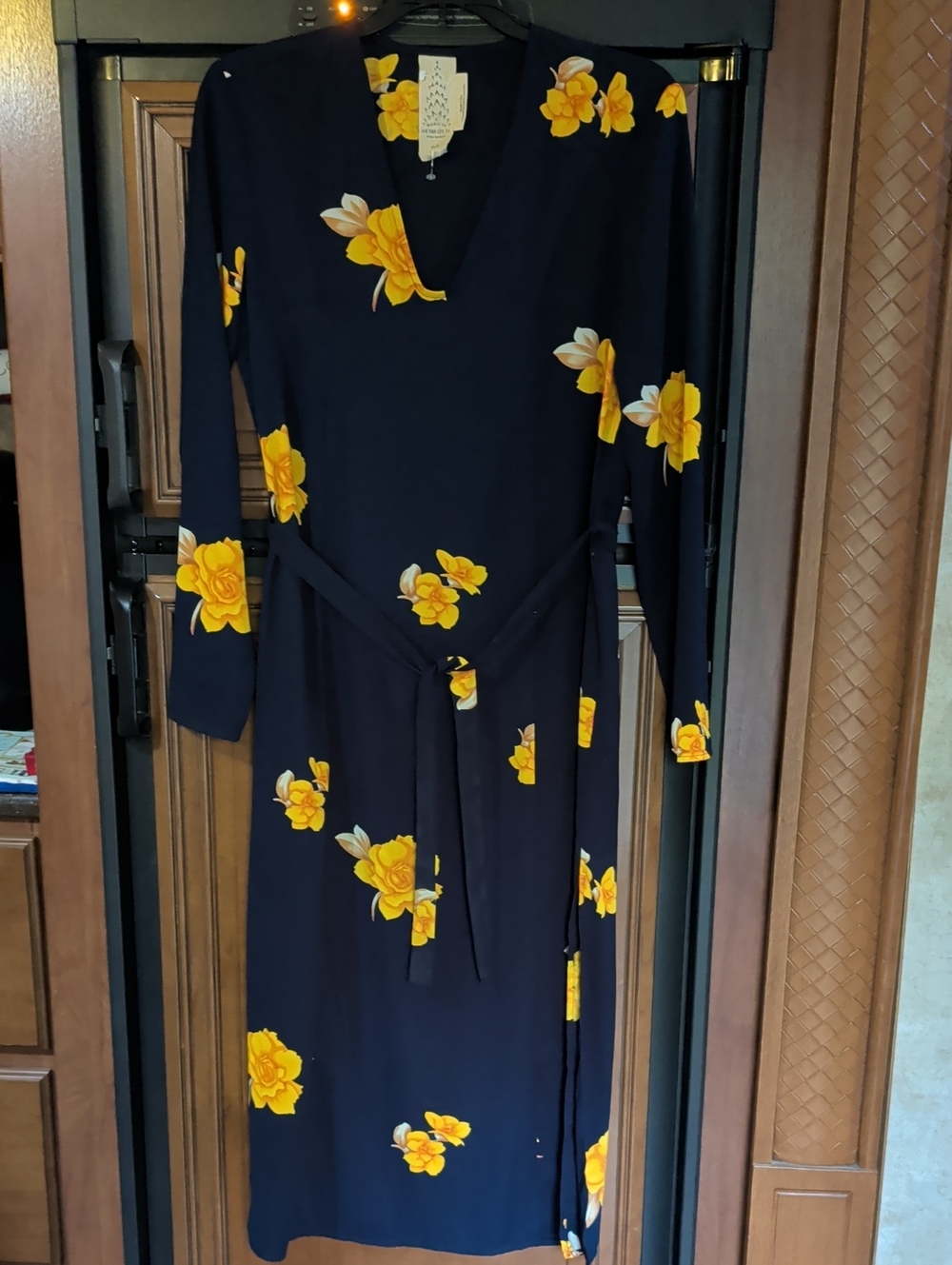 Free People Navy Melody Midi Dress with Yellow Floral Print